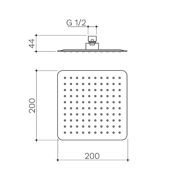 Caroma 200mm square rain shower head, brushed brass, technical dimension drawing with G1/2 connection and 44mm profile