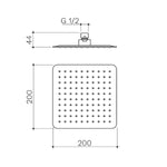 Technical drawing of Caroma 200mm square rain shower head in matte black, with G 1/2 fitting and 44mm depth dimensions