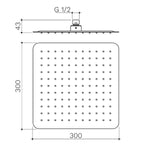 Caroma 300mm square rain shower head, matte black, shown in technical drawing with dimensions and G 1/2 connection