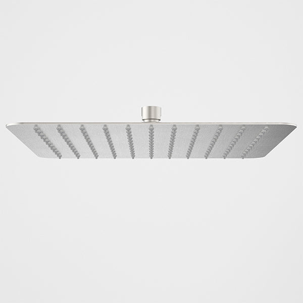 Caroma square rain shower head in brushed nickel, front view with slim profile and central connector