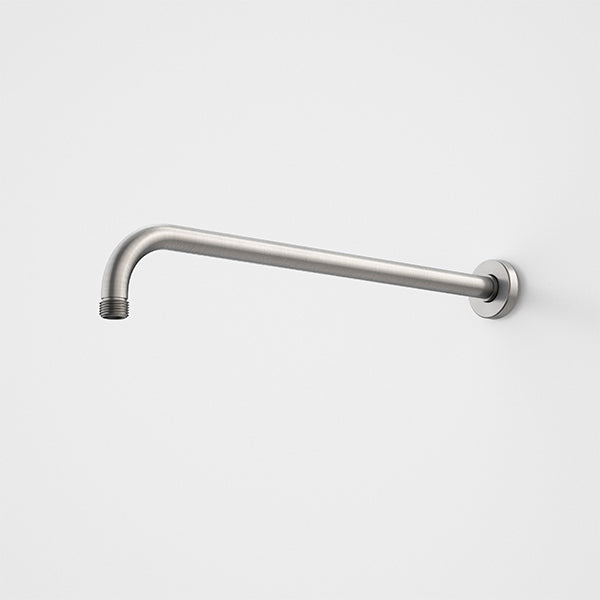 Caroma right angled shower arm in gunmetal, wall mounted with 415mm reach and rounded elbow
