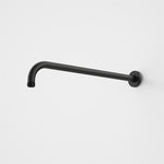 Caroma right angled shower arm in matte black, wall-mounted with round backplate and threaded end on white background