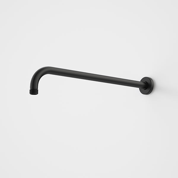 Caroma right angled shower arm in matte black, wall-mounted with round backplate and threaded end on white background