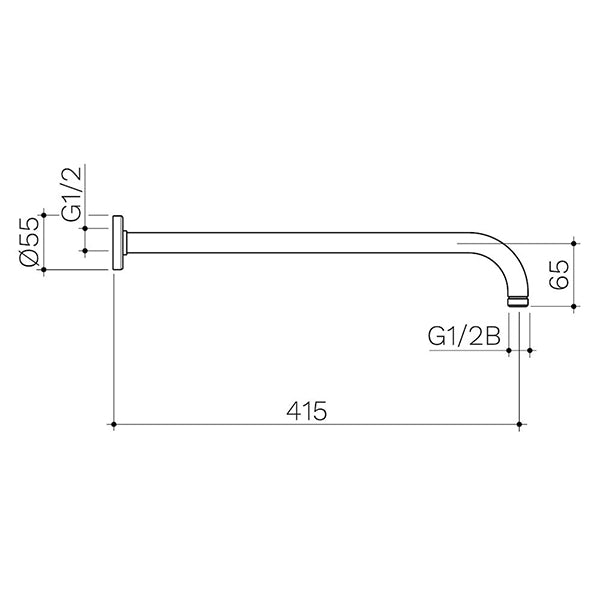 Technical drawing of Caroma right angled shower arm, showing 415mm wall-mounted matte black form with dimensions
