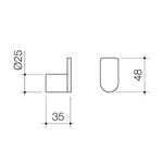 Caroma Urbane II robe hook technical drawing, brushed brass finish, showing 35 mm width and 48 mm height dimensions