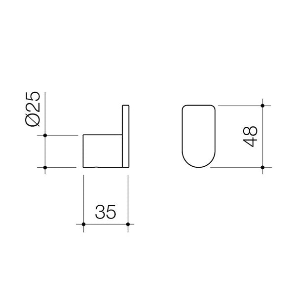 Caroma Urbane II robe hook technical drawing, brushed brass finish, showing 35 mm width and 48 mm height dimensions
