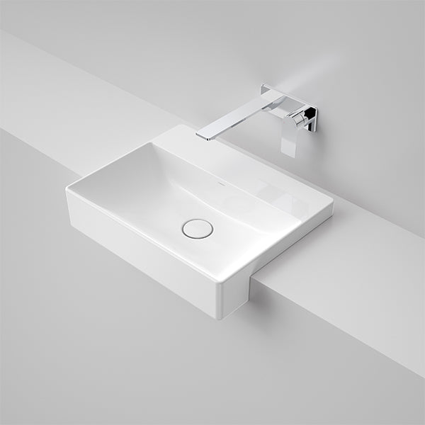 Caroma Urbane II white semi recessed rectangular basin with gloss finish and wall basin mixer, front view