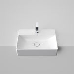 Caroma Urbane II semi recessed basin, white gloss rectangular ceramic with integrated pop-up waste, front view