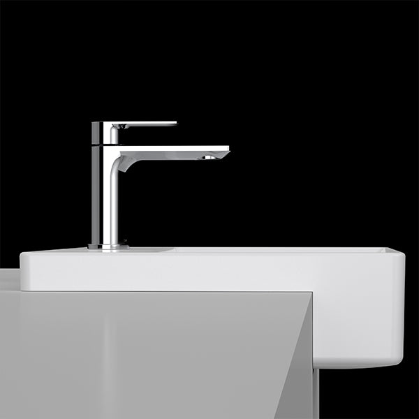 Caroma Urbane II semi recessed basin, gloss white rectangular ceramic basin with mixer tap, front view on vanity