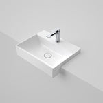 Caroma Urbane II semi recessed basin in gloss white with one taphole and chrome mixer tap, angled view shown
