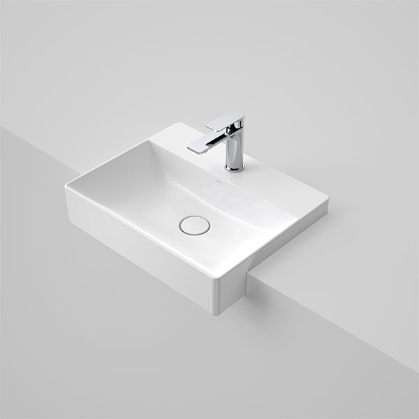 Caroma Urbane II semi recessed basin in gloss white with one taphole and chrome mixer tap, angled view shown