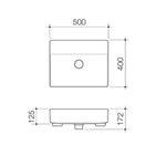 Caroma Urbane II semi recessed basin technical drawing, white rectangular 500mm x 400mm with front view and side profile