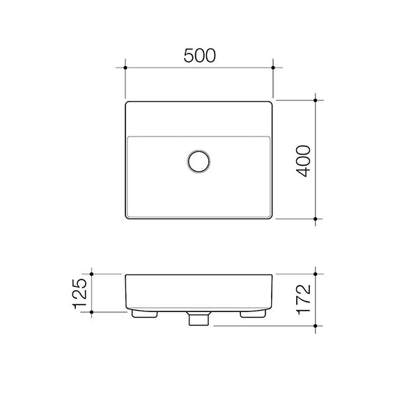 Caroma Urbane II semi recessed basin technical drawing, white rectangular 500mm x 400mm with front view and side profile