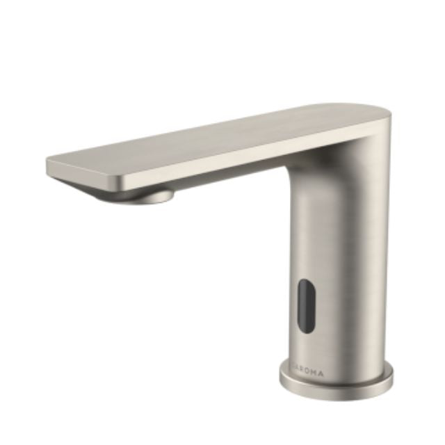 Caroma Urbane II sensor hob mounted outlet tap in brushed nickel, side view with flat spout and sensor window