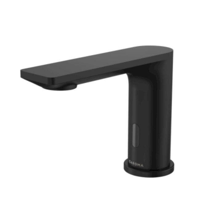 Caroma Urbane II matte black sensor basin spout, hob mounted, side view