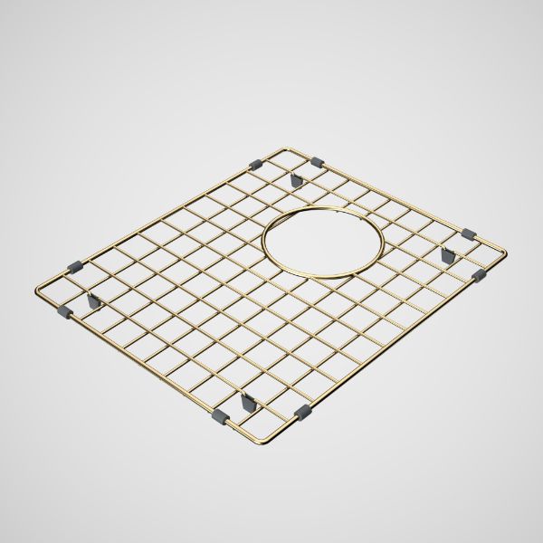 Caroma Urbane II brushed brass sink protector, square wire grid with central drain opening, on white background