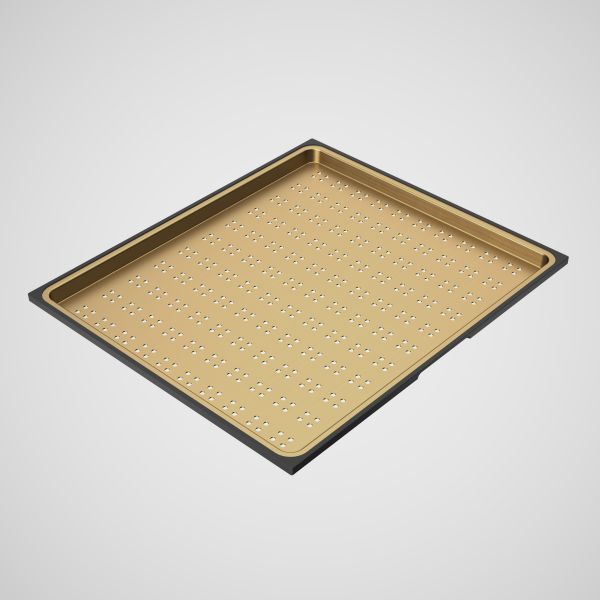 Caroma Urbane II brushed brass stainless steel drainer tray, square with perforated base and black edging, angled view