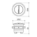 Caroma round metal cistern flush button in brushed brass, shown in technical front and side views with dimensions