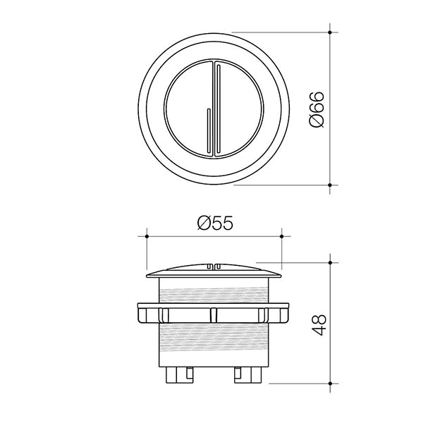 Caroma round metal cistern flush button in brushed brass, shown in technical front and side views with dimensions