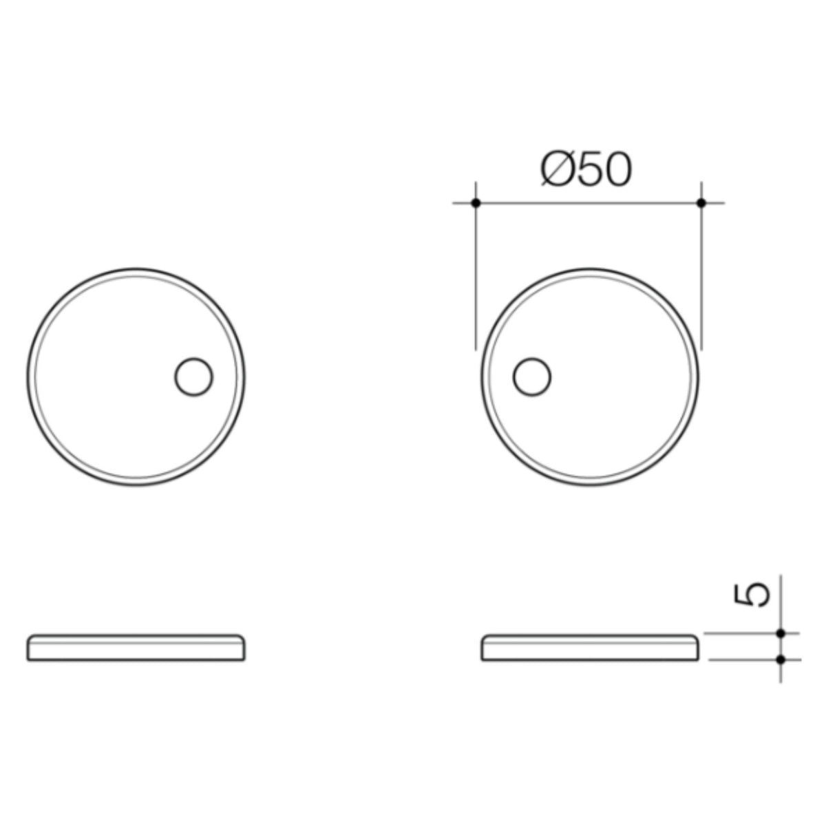 Caroma toilet seat hinge caps technical drawing in round brushed brass, showing front and side views with 50 mm diameter and 5 mm depth
