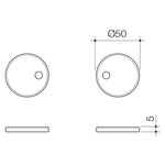Caroma toilet seat hinge caps technical drawing, round matte black caps shown front and side views with 50 mm diameter and 5 mm profile