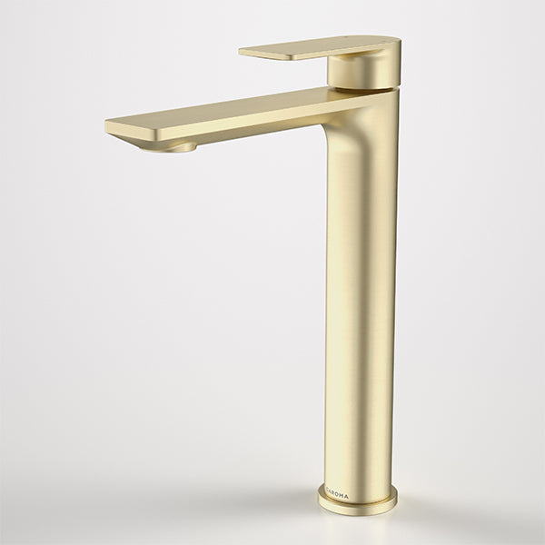 Caroma Urbane II tall basin mixer in brushed brass, single-lever tower tap on white background