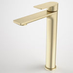 Caroma Urbane II tower basin mixer in brushed brass, single lever tap with tall cylindrical body and flat spout