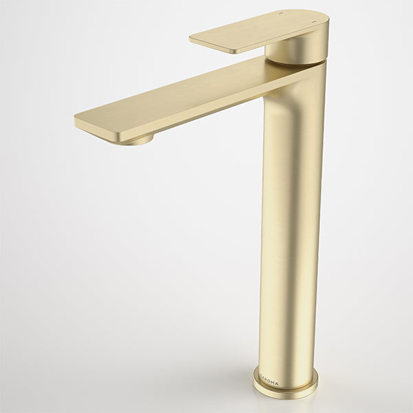 Caroma Urbane II tower basin mixer in brushed brass, single lever tap with tall cylindrical body and flat spout