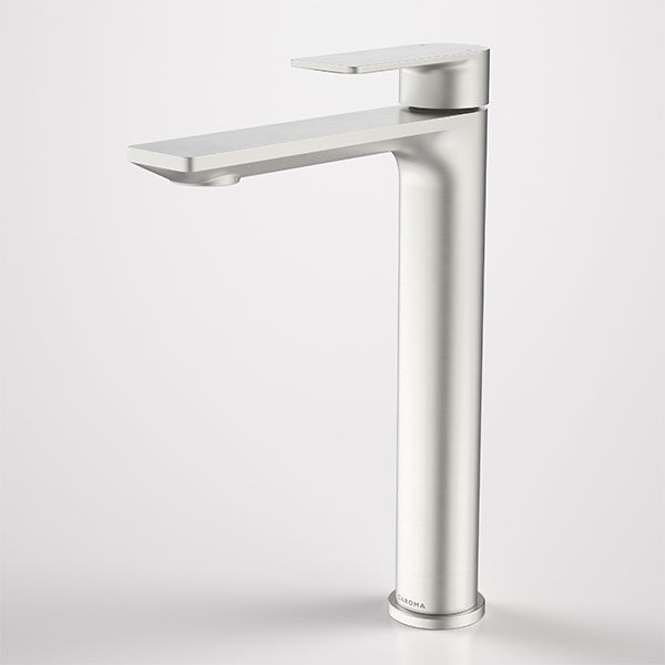 Caroma Urbane II tall basin mixer tap in brushed nickel, shown on a white background with slim rectangular spout and lever handle