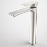 Caroma Urbane II tower basin mixer in brushed nickel, tall single lever tap with slim rectangular spout