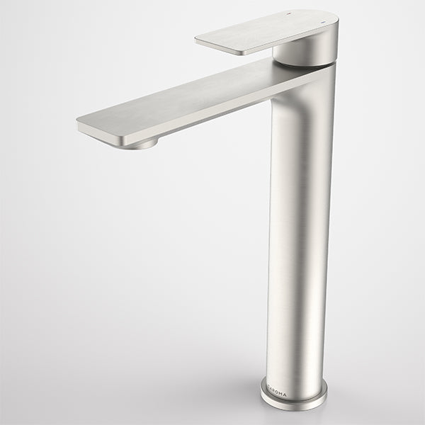 Caroma Urbane II tower basin mixer in brushed nickel, tall single lever tap with slim rectangular spout