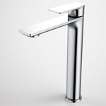 Caroma Urbane II tower basin mixer in polished chrome, tall curved single lever tap on white background