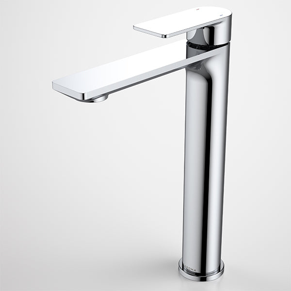 Caroma Urbane II tower basin mixer in polished chrome, tall curved single lever tap on white background