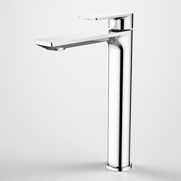 Caroma Urbane II chrome tower basin mixer tap with tall square profile and polished finish on white background