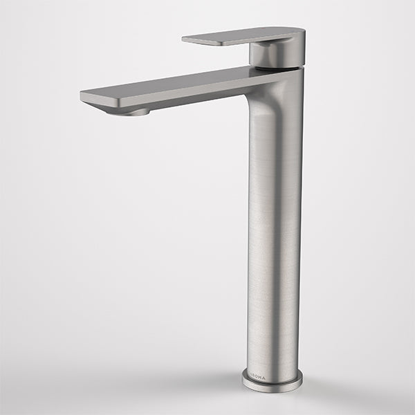 Caroma Urbane II tower basin mixer tap in gunmetal finish, with tall cylindrical body and flat lever on white background