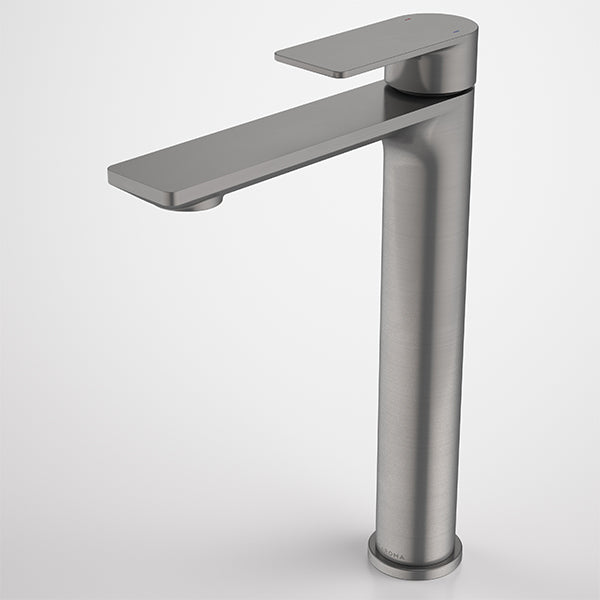 Caroma Urbane II tower basin mixer in gunmetal, with tall cylindrical body and flat lever handle