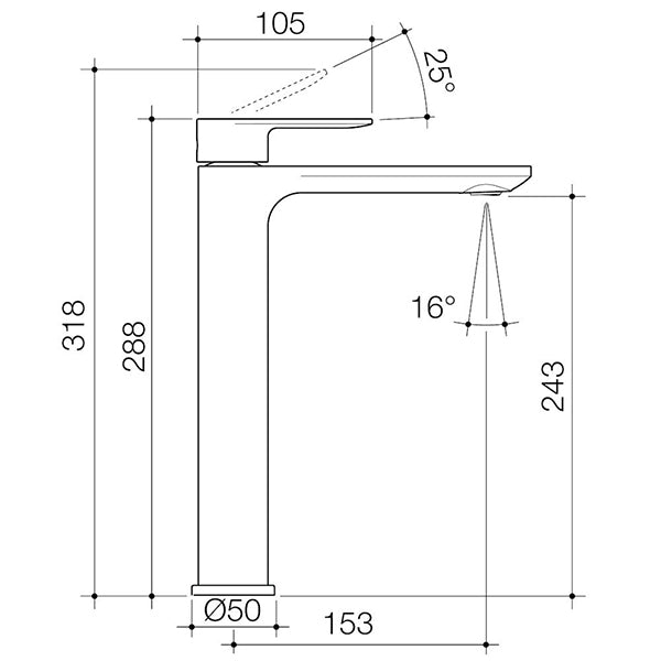Caroma Urbane II tower basin mixer technical drawing, brushed brass finish, side view with dimensions and 25° lever angle