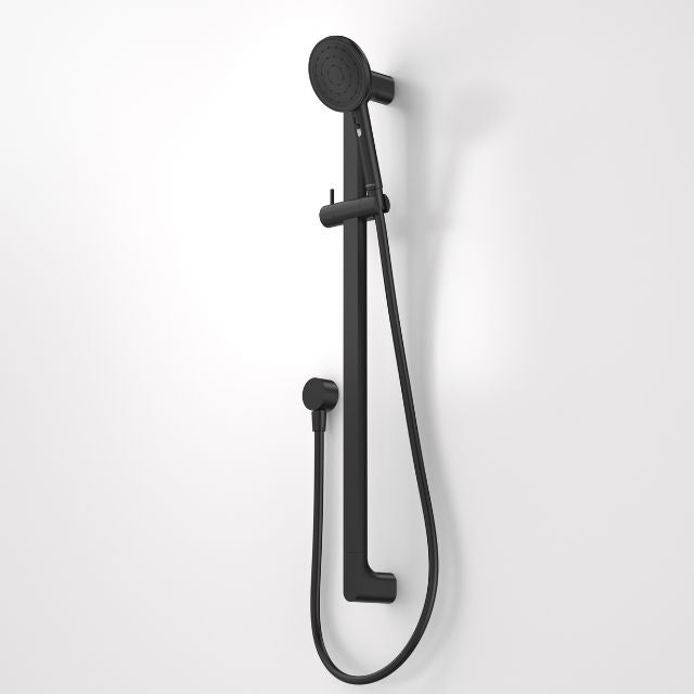 Caroma Urbane II black rail shower with handheld shower head, hose and wall-mounted rail on white background