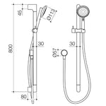 Caroma Urbane II rail shower technical drawing in brushed nickel, showing 800mm rail, hand shower and hose, side and front views
