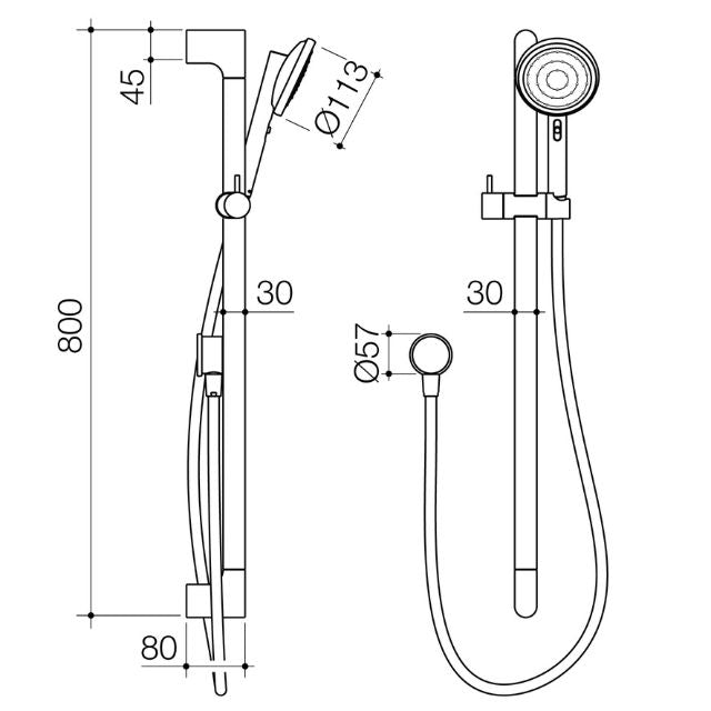 Caroma Urbane II rail shower technical drawing in brushed nickel, showing 800mm rail, hand shower and hose, side and front views