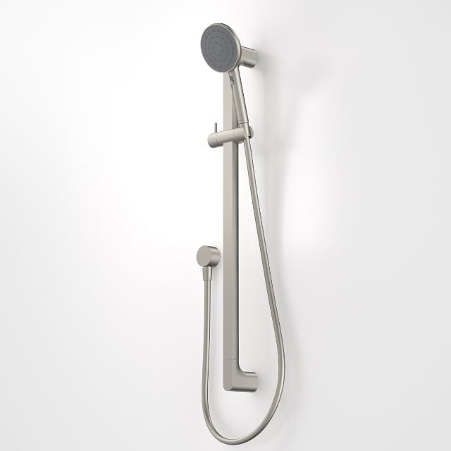 Caroma Urbane II universal rail shower in brushed nickel, wall-mounted with hand shower and hose