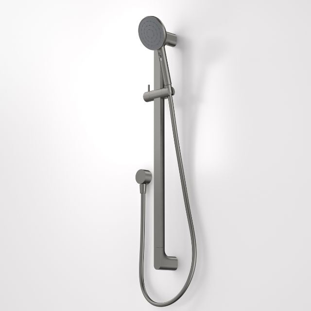 Caroma Urbane II universal rail shower in gun metal, wall-mounted with hand shower, rail and hose on a white background