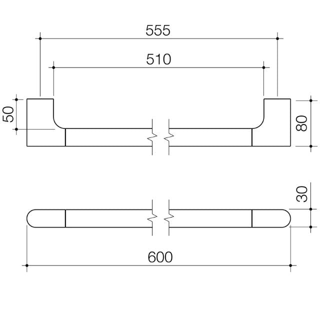 Technical drawing of Caroma Urbane II straight universal rail in black, showing 600mm overall length, 555mm fixing distance and 80mm projection
