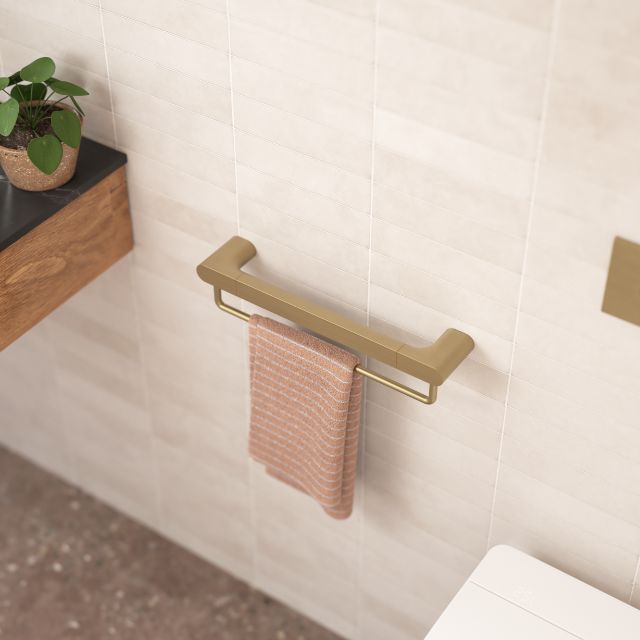 Caroma Urbane II brushed nickel universal rail, straight 600mm towel and grab rail, wall mounted in bathroom setting