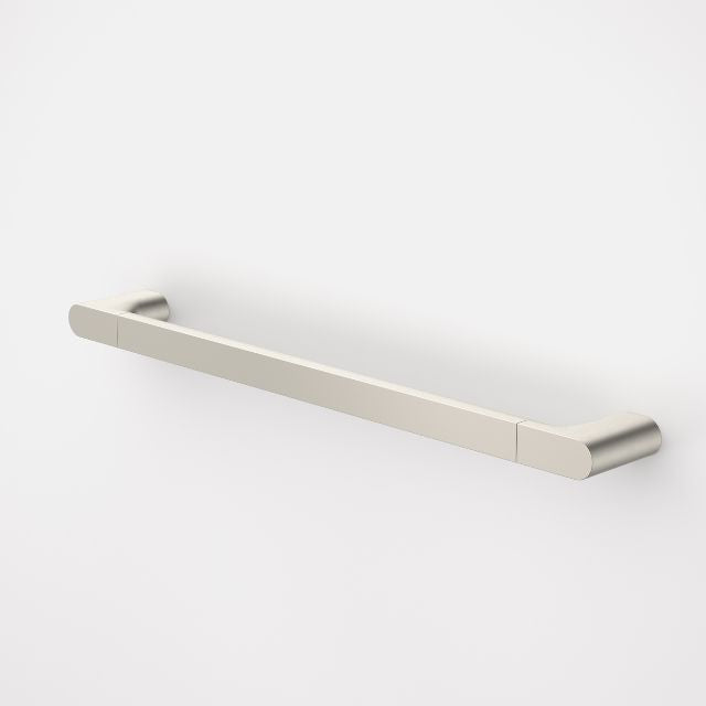 Caroma Urbane II straight 600mm grab rail in brushed nickel, wall-mounted with rounded ends on white background