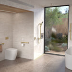 Caroma Urbane II straight grab rail in gun metal, wall-mounted in a modern bathroom beside the toilet and shower window