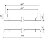 Technical drawing of Caroma Urbane II universal rail straight 600mm in gun metal, with dimensions shown.