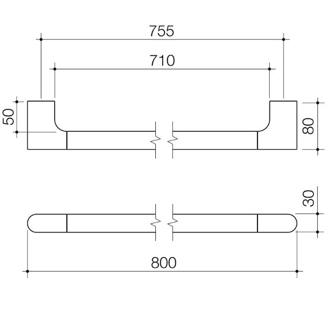 Technical drawing of Caroma Urbane II straight 800mm grab rail, showing front and side views with dimensions, brushed brass finish.