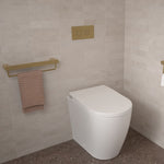 Caroma Urbane II Universal Rail straight grab rail in gun metal, shown installed beside a towel in a bathroom