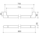 Technical line drawing of Caroma Urbane II universal rail straight, showing 800mm gun metal grab rail dimensions.
